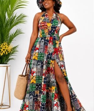 Woman wearing a multicolor patchwork African print halter-neck maxi dress