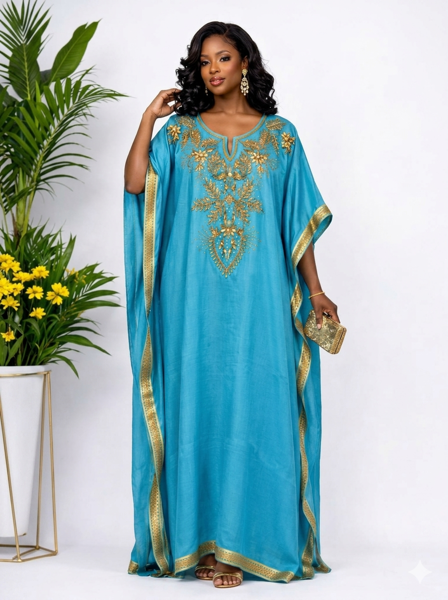 Woman wearing a Luxury Turquoise Blue Gold -embellished kaftan maxi gown