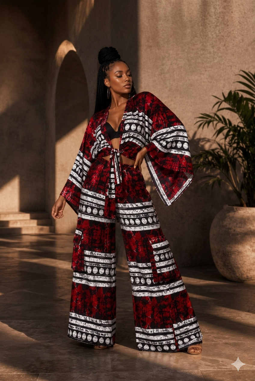 Woman modeling a luxury red and black African print two-piece co-ord set with a wide-sleeve tie-front kimono top and matching high-waisted wide-leg palazzo pants.