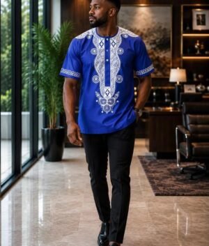 Man wearing a royal blue embroidered African print short-sleeve shirt