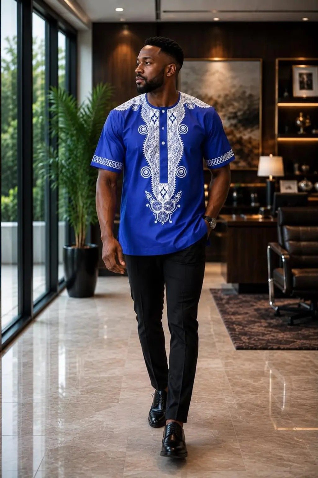 Man wearing a royal blue embroidered African print short-sleeve shirt