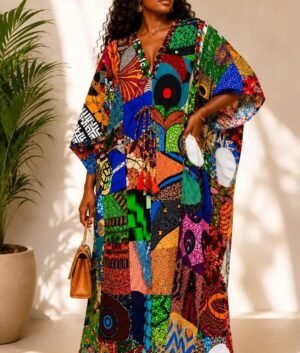 Woman wearing a multicolor patchwork African print kaftan maxi dress