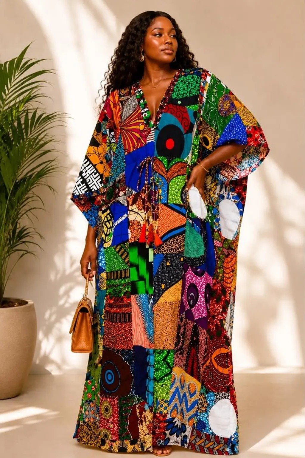 Woman wearing a multicolor patchwork African print kaftan maxi dress