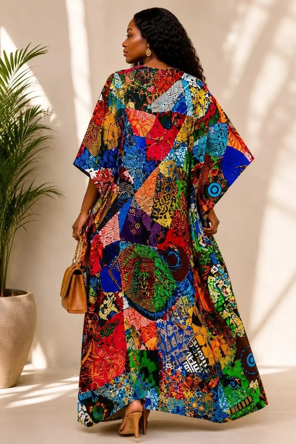 Multicolor Patchwork African Print Kaftan Maxi Dress 2 Woman wearing a multicolor patchwork African print kaftan maxi dress - view 2