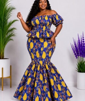 Vibrant African Print Off‑Shoulder Peplum Top & Mermaid Skirt Set