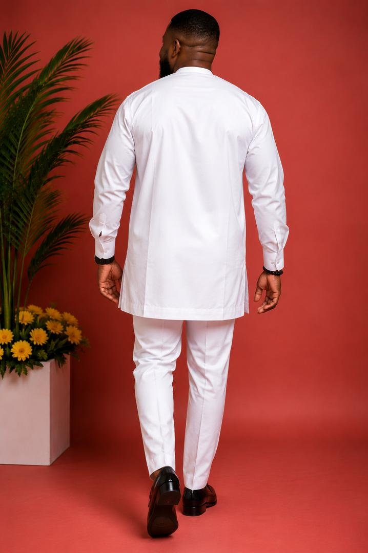 Men White African Embroidered Kaftan Set, Long Sleeves 2 Men’s White African Embroidered Kaftan Set | Traditional Nigerian Agbada‑Style Outfit | Elegant Dashiki for Weddings, Parties & Cultural Events