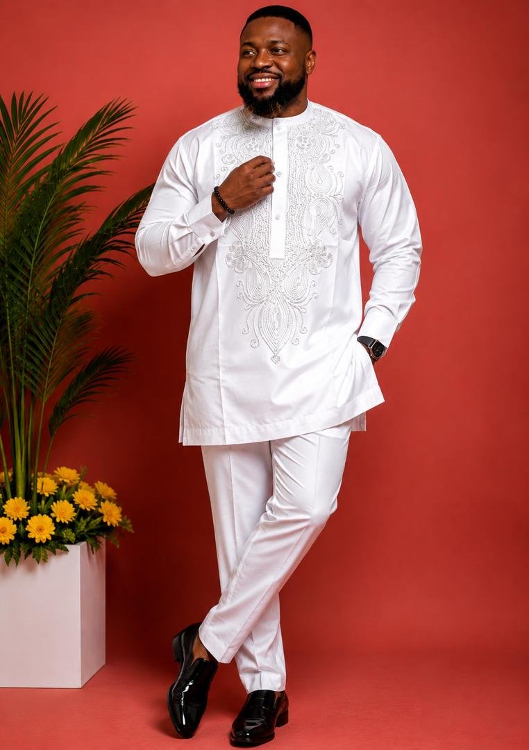 Men White African Embroidered Kaftan Set, Long Sleeves 3 Men’s White African Embroidered Kaftan Set | Traditional Nigerian Agbada‑Style Outfit | Elegant Dashiki for Weddings, Parties & Cultural Events