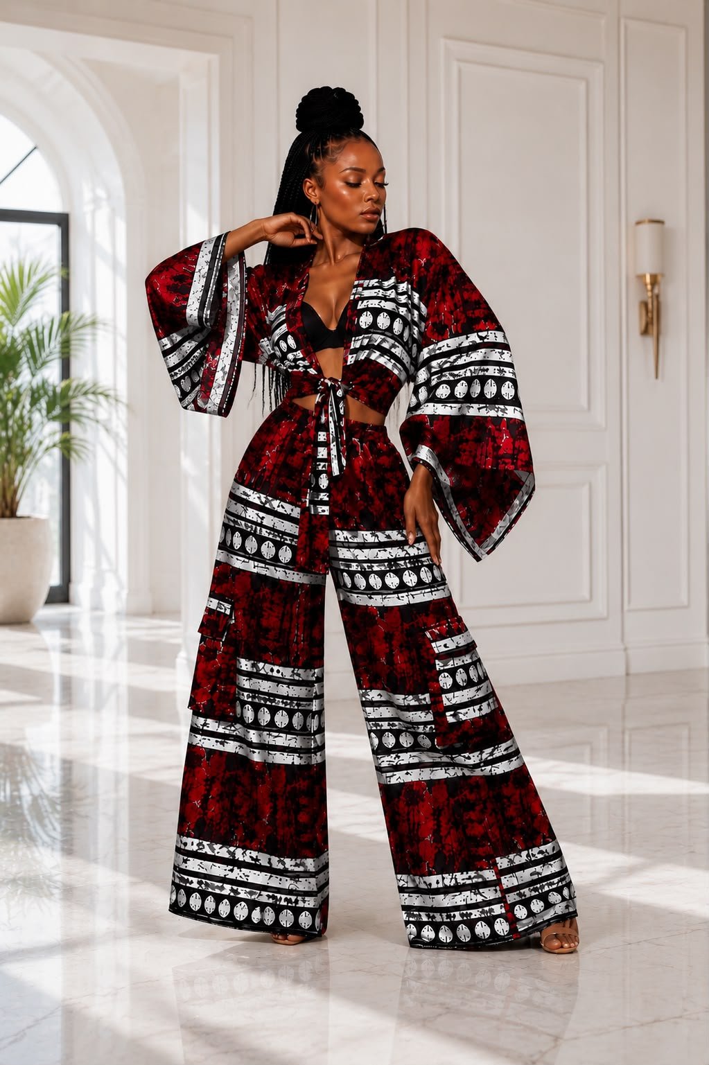 Woman modeling a luxury red and black African print two-piece co-ord set with a wide-sleeve tie-front kimono top and matching high-waisted wide-leg palazzo pants.
