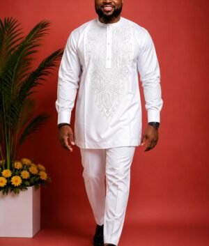 Men’s White African Embroidered Kaftan Set | Traditional Nigerian Agbada‑Style Outfit | Elegant Dashiki for Weddings, Parties & Cultural Events