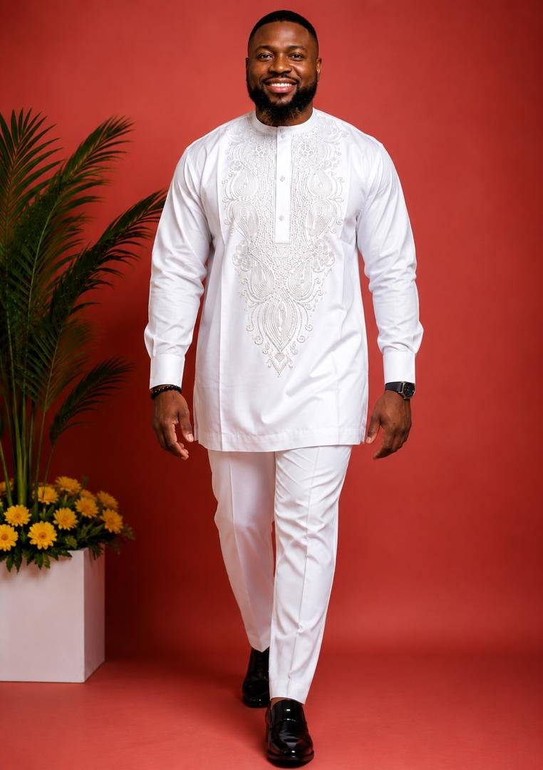 Men’s White African Embroidered Kaftan Set | Traditional Nigerian Agbada‑Style Outfit | Elegant Dashiki for Weddings, Parties & Cultural Events