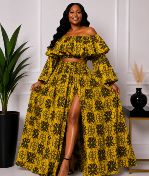 A Woman Wearing An African Print Two-Piece Maxi Set and Ruffle Top & Flared Skirt (With or Without Slit).
