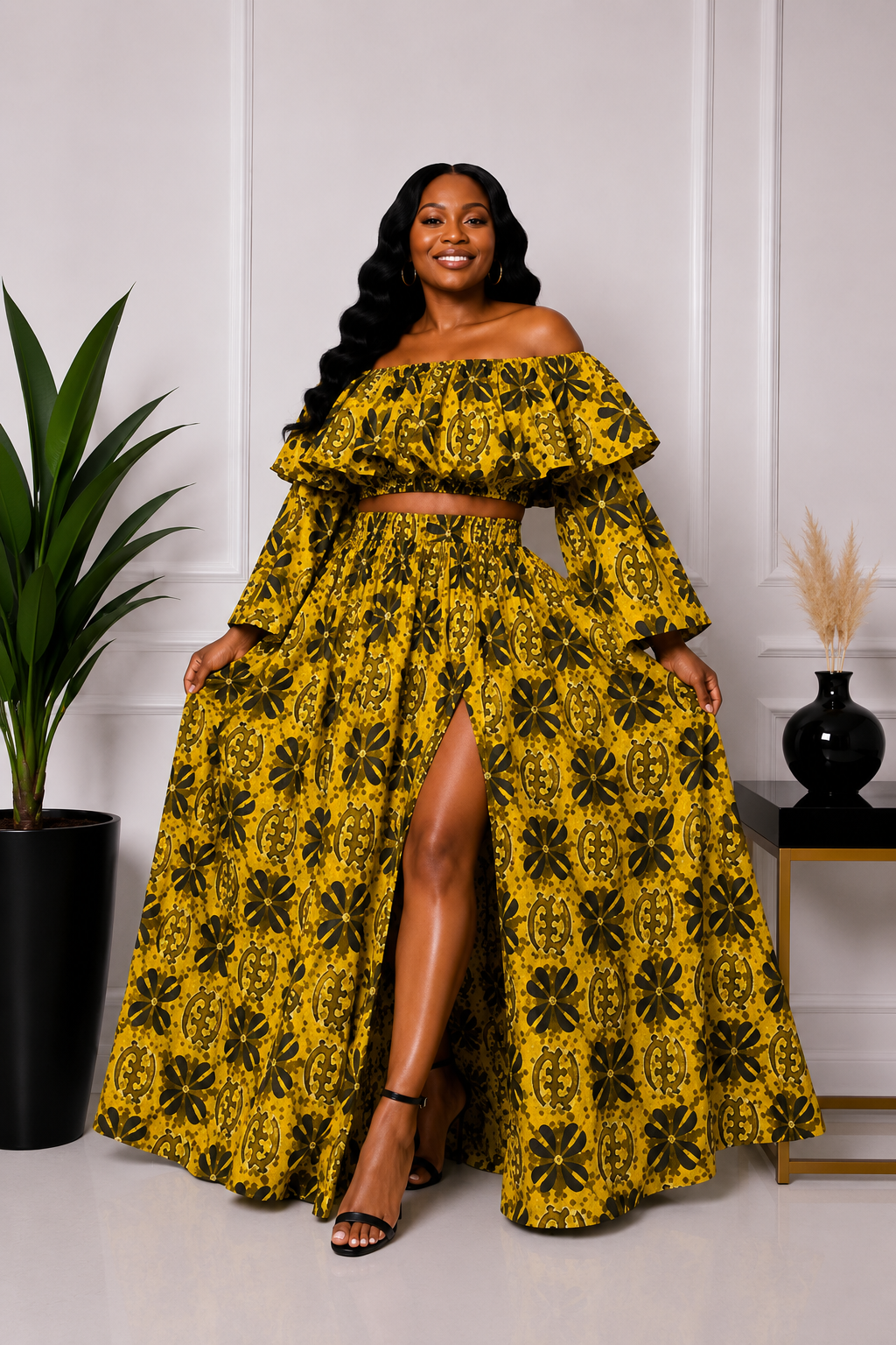 A Woman Wearing An African Print Two-Piece Maxi Set and Ruffle Top & Flared Skirt (With or Without Slit).