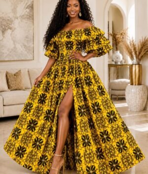 A Woman Wearing A Zaria African Print Two-Piece Maxi Set and Ruffle Top & Flared Skirt (With or Without Split).