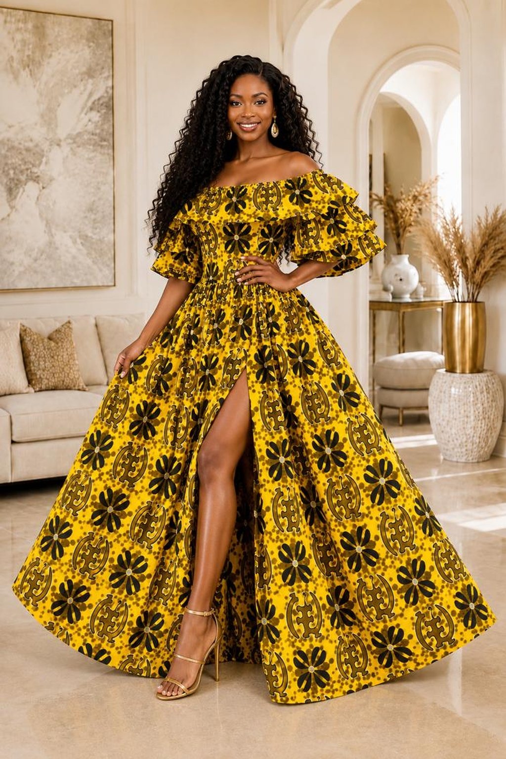 A Woman Wearing A Zaria African Print Two-Piece Maxi Set and Ruffle Top & Flared Skirt (With or Without Split).