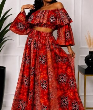 A Woman Wearing An African Print Two-Piece Maxi Set Ruffle Crop Top and High-Waisted Flare Skirt (With or Without Split Options).