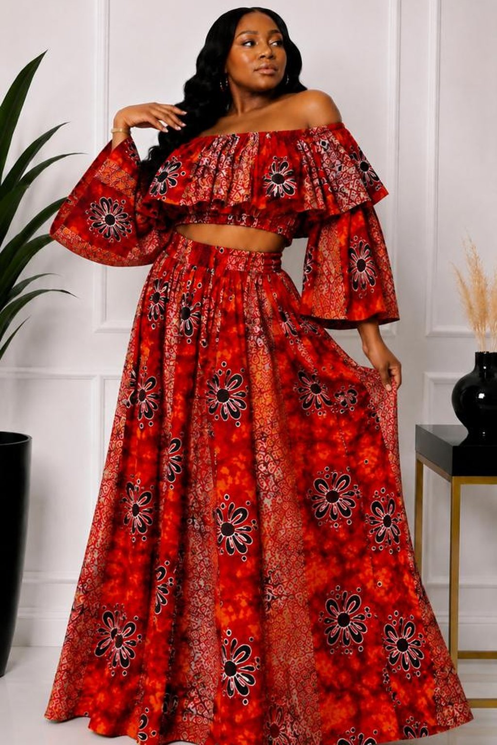 A Woman Wearing An African Print Two-Piece Maxi Set Ruffle Crop Top and High-Waisted Flare Skirt (With or Without Split Options).