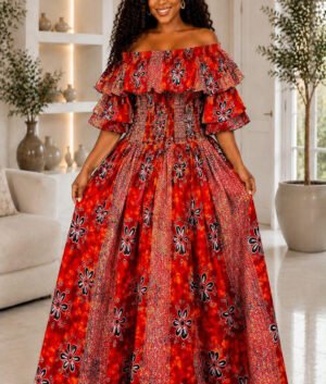 A Woman Wearing A Amara African Print Two-Piece Dress Set and Smocked Ruffle Top & Maxi Skirt (With or Without Slit).