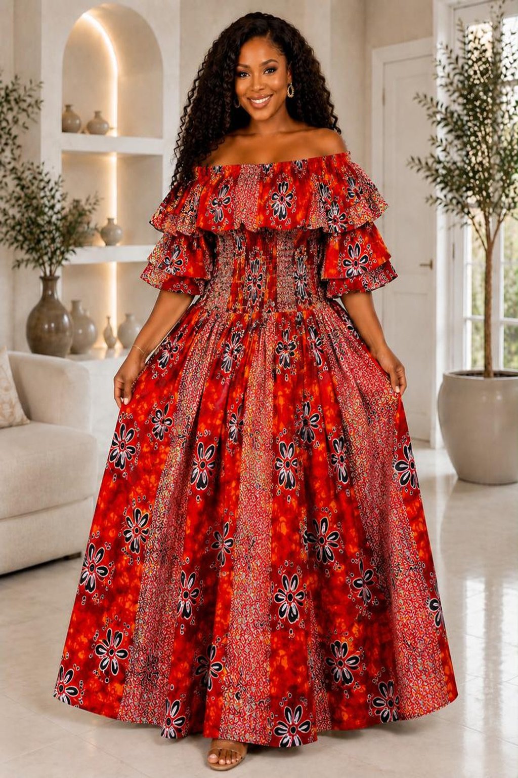 A Woman Wearing A Amara African Print Two-Piece Dress Set and Smocked Ruffle Top & Maxi Skirt (With or Without Slit).