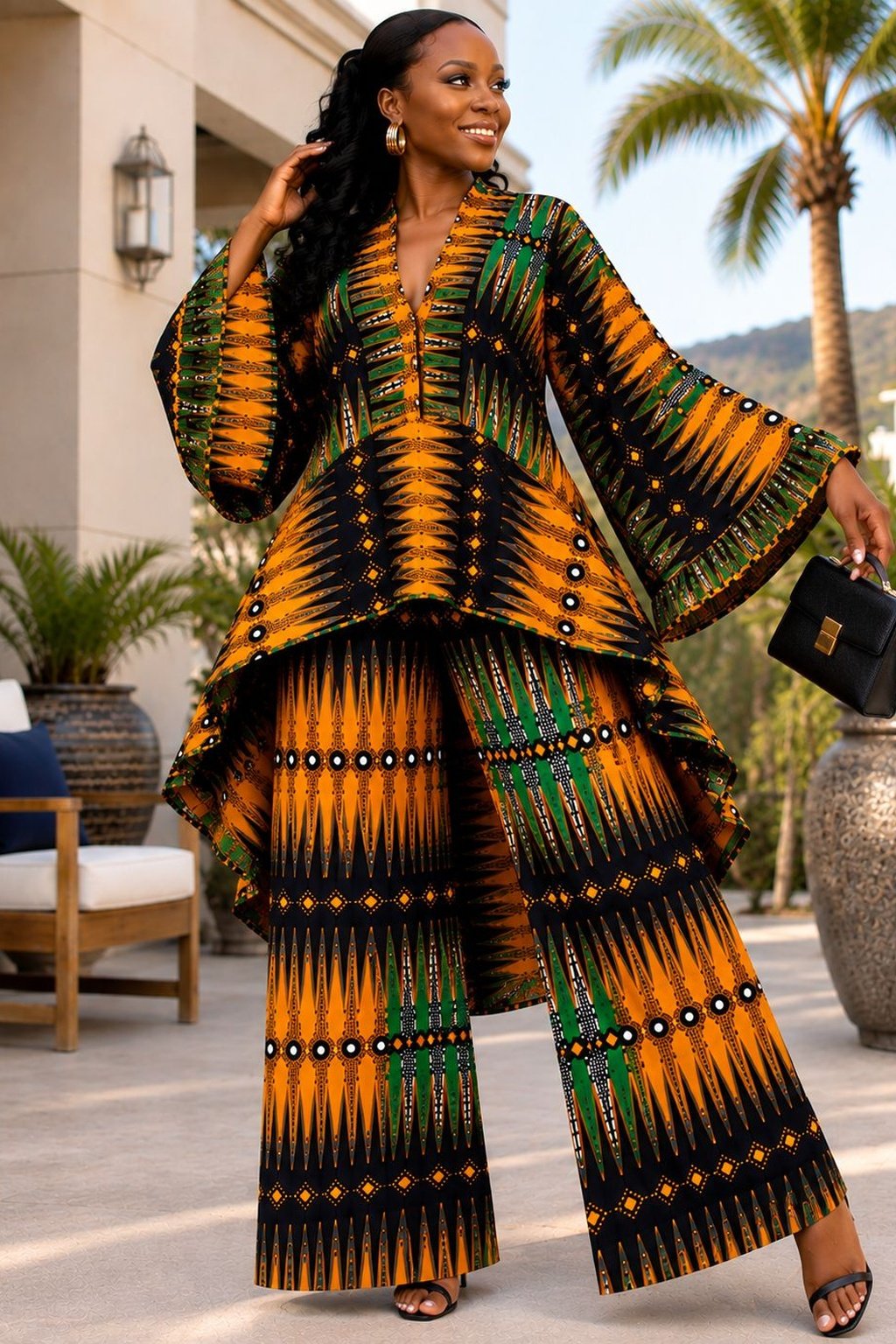 A Woman Wearing A Marigold & Emerald Geometric Asymmetric High-Low Top And Wide-Leg Pants Set.