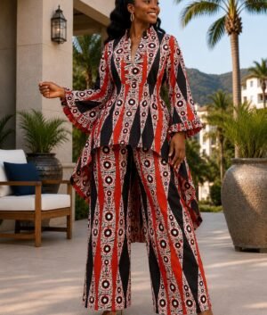 A Woman Wearing A Crimson & Charcoal Geometric Asymmetric High-Low Top And Wide-Leg Pants Set.