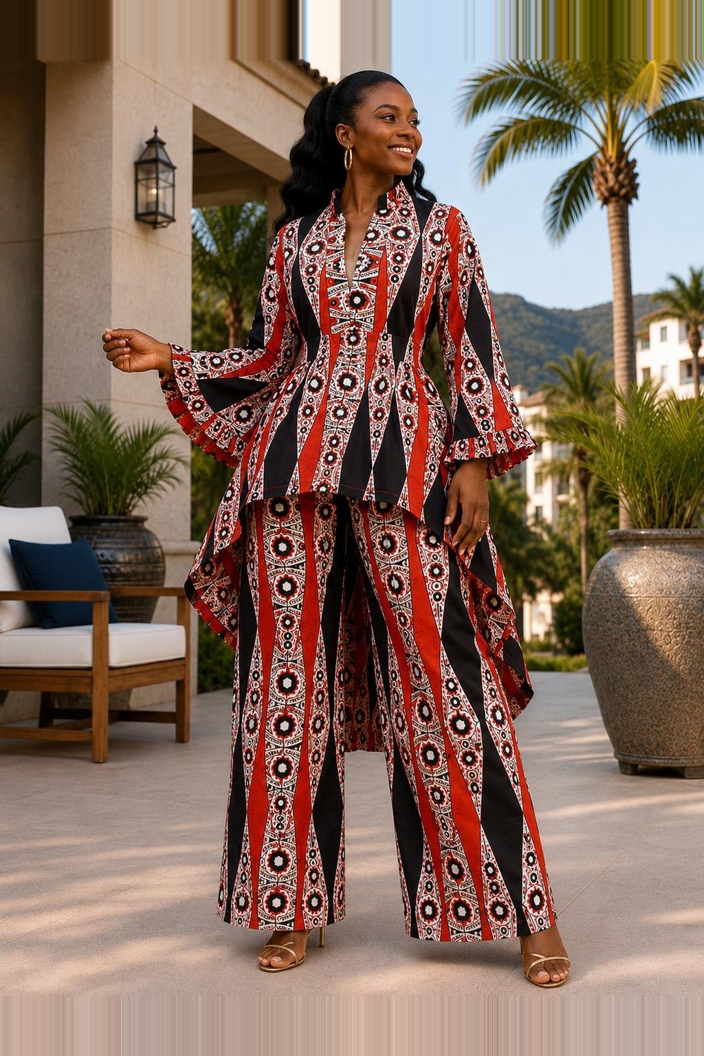 A Woman Wearing A Crimson & Charcoal Geometric Asymmetric High-Low Top And Wide-Leg Pants Set.