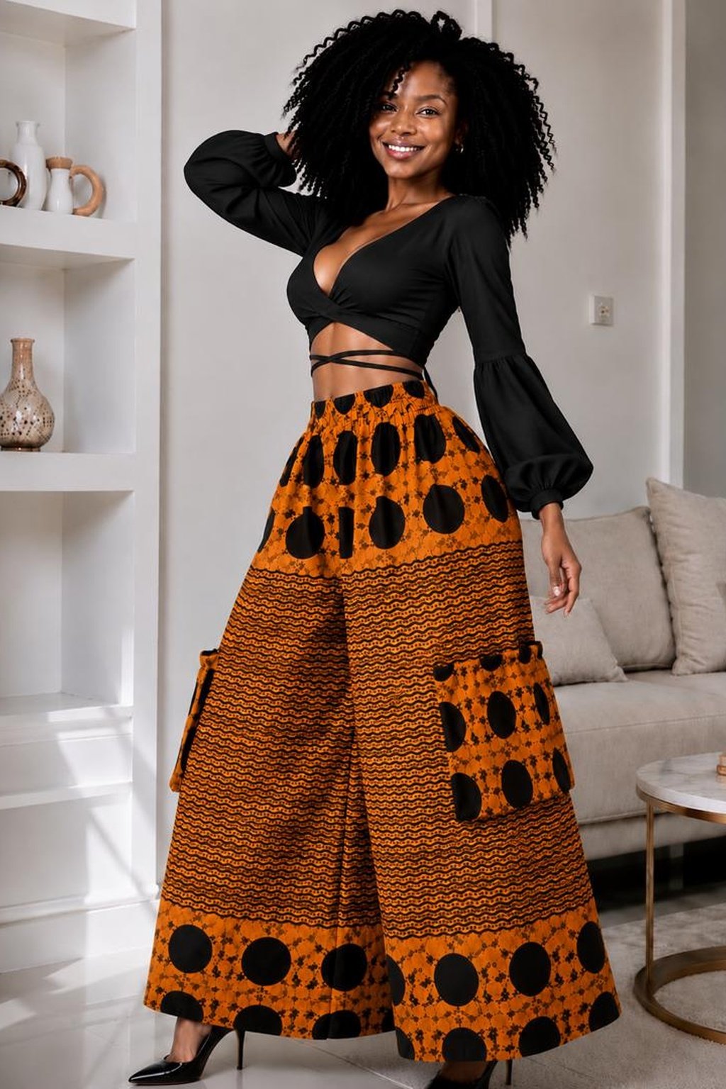 Woman Wearing A Wide-Leg Ankara Cargo Pants and Terracotta Orange and Black Polka Dot Palazzo Trousers only.