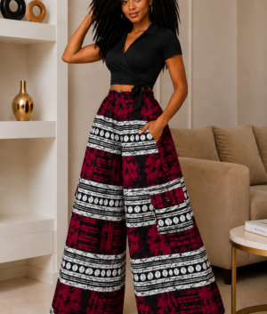 Woman Wearing A Deep Burgundy and Black Wide-Leg Ankara Cargo Pants and Geometric Palazzo Trousers Only.