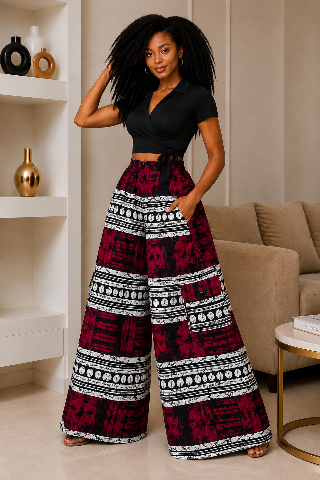 Woman Wearing A Deep Burgundy and Black Wide-Leg Ankara Cargo Pants and Geometric Palazzo Trousers Only.