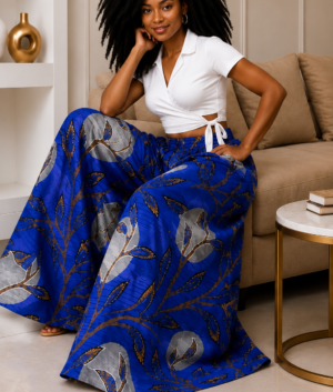 A Woman Wearing A Cobalt Blue and Silver Floral Medallion, Wide-Leg Ankara Pants and Palazzo Trousers Only.