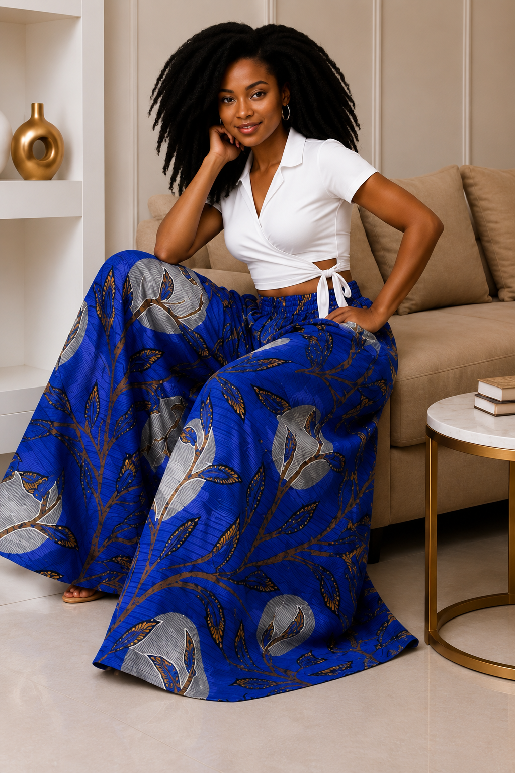 A Woman Wearing A Cobalt Blue and Silver Floral Medallion, Wide-Leg Ankara Pants and Palazzo Trousers Only.