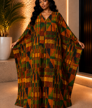 A Woman Wearing A Flory Kente Print Kaftan Dress, Earth Tone African Boubou Gown, Ghana Bubu Maxi Dress, Luxury Resort Wear And Loose Fit Summer Kimono.