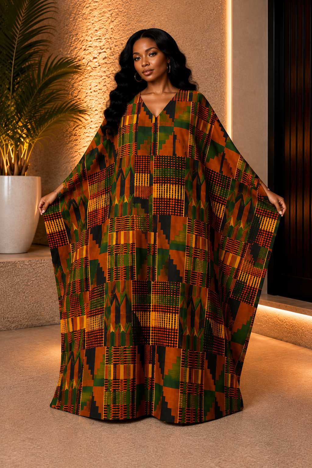 A Woman Wearing A Flory Kente Print Kaftan Dress, Earth Tone African Boubou Gown, Ghana Bubu Maxi Dress, Luxury Resort Wear And Loose Fit Summer Kimono.