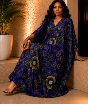A Woman Wearing An Indigo Blue Silk Kaftan Dress, Gold Mandala Boubou Gown, African Purple Bubu Maxi, Luxury Resort Wear And Loose Fit Summer Kimono.