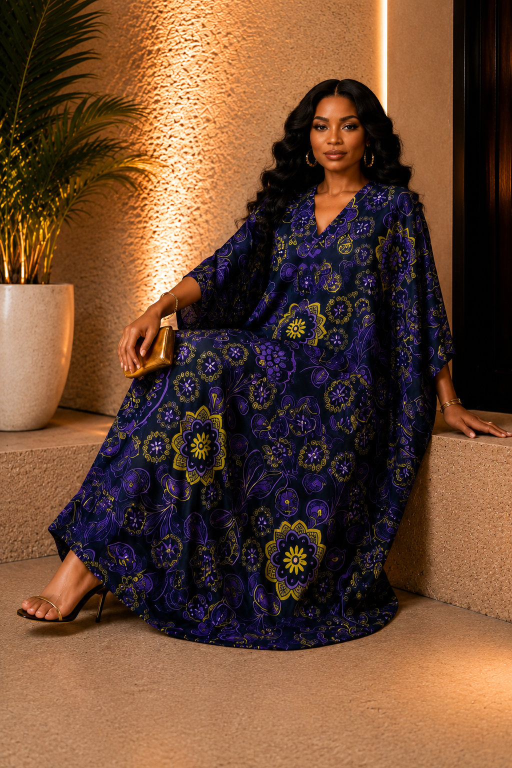 A Woman Wearing An Indigo Blue Silk Kaftan Dress, Gold Mandala Boubou Gown, African Purple Bubu Maxi, Luxury Resort Wear And Loose Fit Summer Kimono.