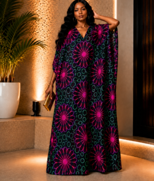 Woman Wearing A Pink Floral African Kaftan Dress, Purple Sunburst Boubou Gown, Silk Ankara Bubu Maxi, Luxury Resort Wear And Loose Fit Summer Kimono.