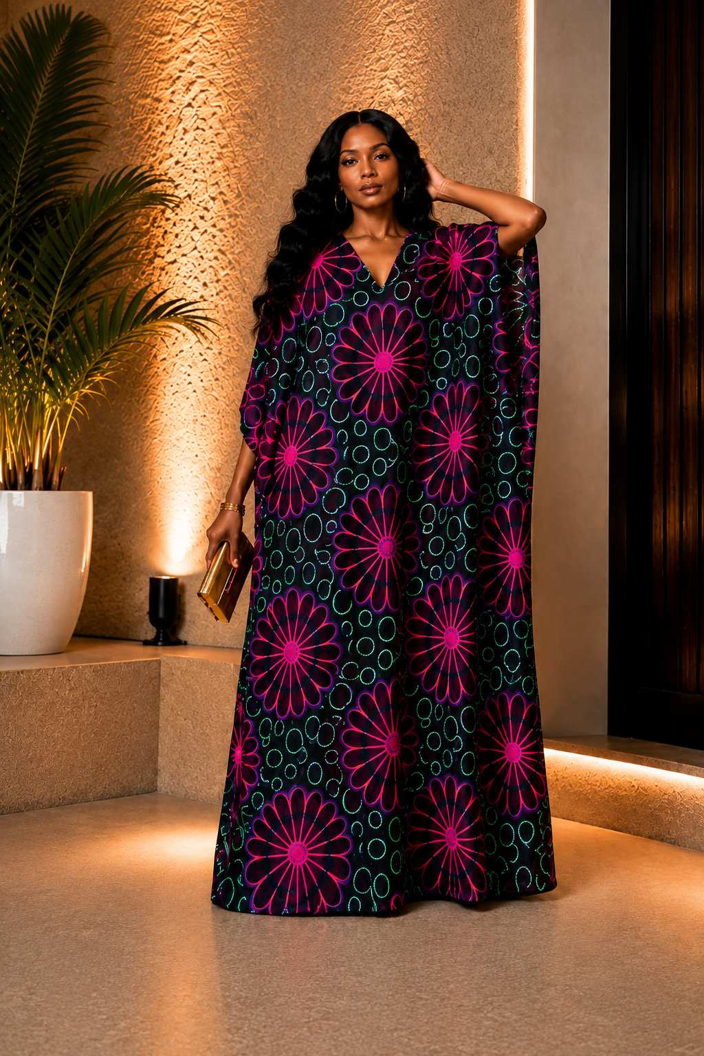 Woman Wearing A Pink Floral African Kaftan Dress, Purple Sunburst Boubou Gown, Silk Ankara Bubu Maxi, Luxury Resort Wear And Loose Fit Summer Kimono.