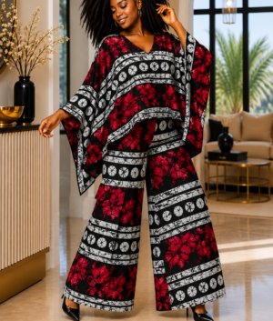 A Woman Wearing A Crimson & Onyx Medallion Poncho Top & Wide-Leg Pants Set.