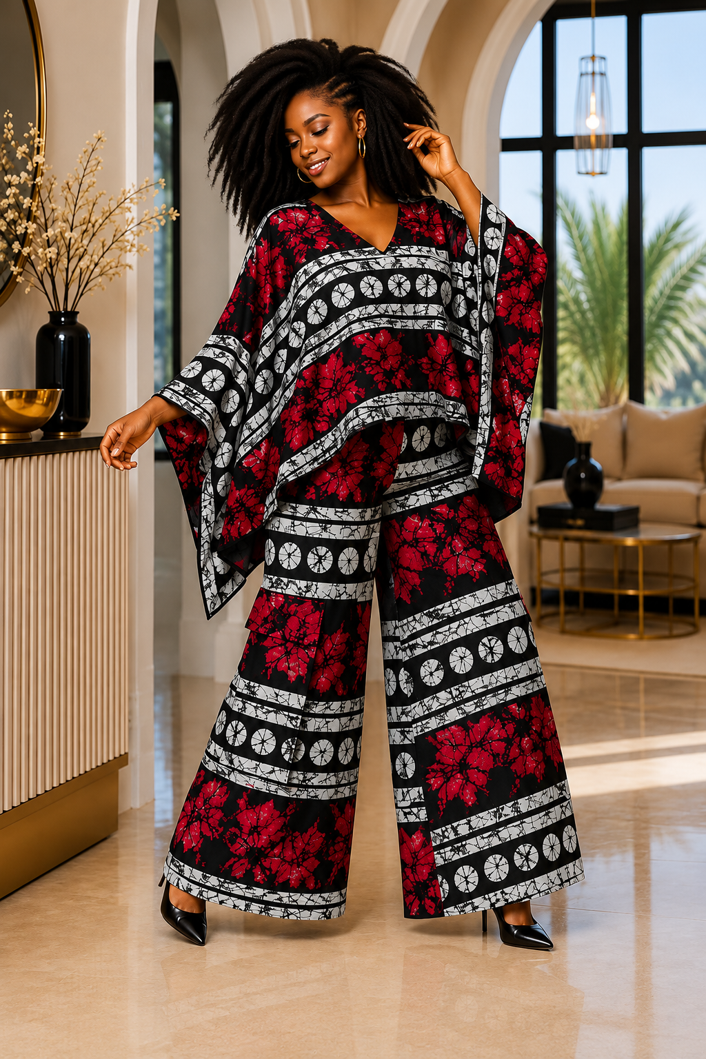 A Woman Wearing A Crimson & Onyx Medallion Poncho Top & Wide-Leg Pants Set.