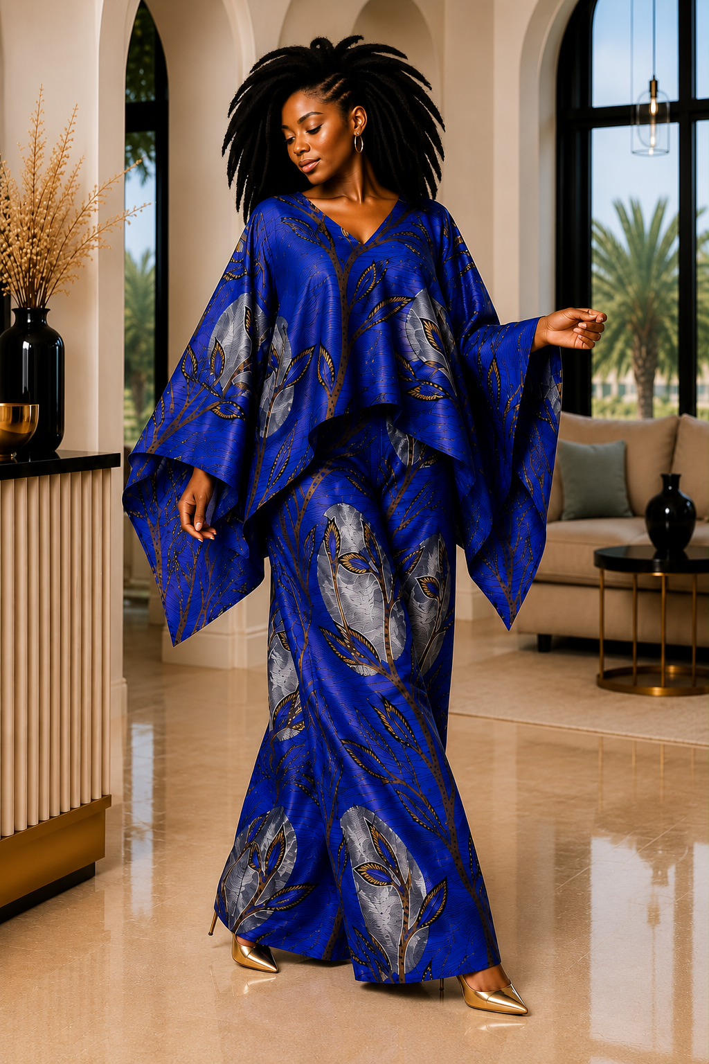 A Woman Wearing A Royal Blue African Pants Set, Silver Floral Kaftan Top Wide Leg Trousers And Luxury Co-Ord Boubou Set.