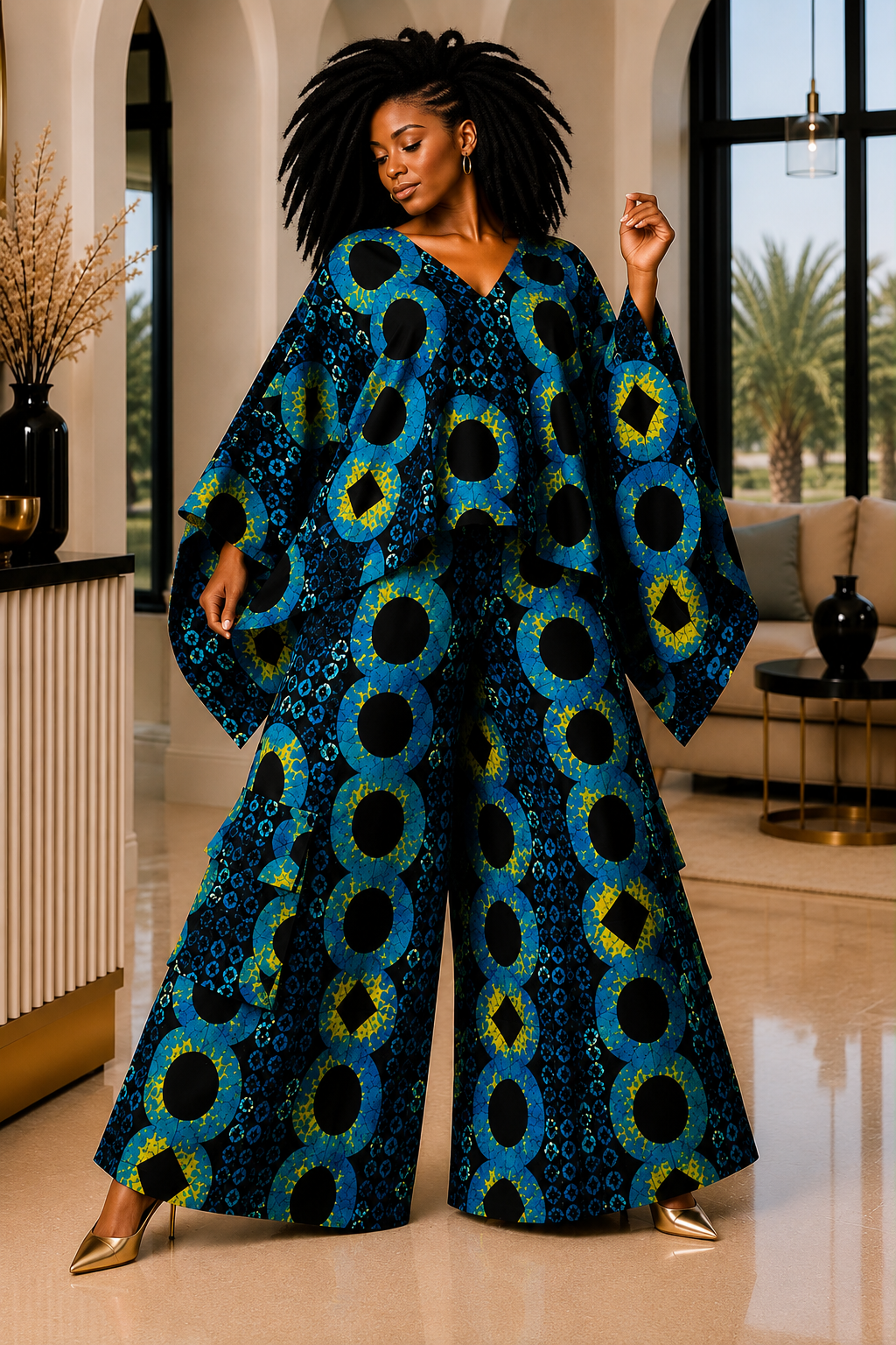 A Woman Wearing A Sapphire & Marigold Interlocking Circle Poncho Top & Wide-Leg Pants Set.
