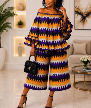 A Woman Wearing An African Print Pants Set, Ruffle Top Wide Leg Culottes And Purple Orange Co-Ord Boubou Set.