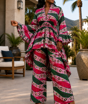 A Woman Wearing A Magenta & Emerald Geometric Asymmetric High-Low Top And Wide-Leg Pants Set.