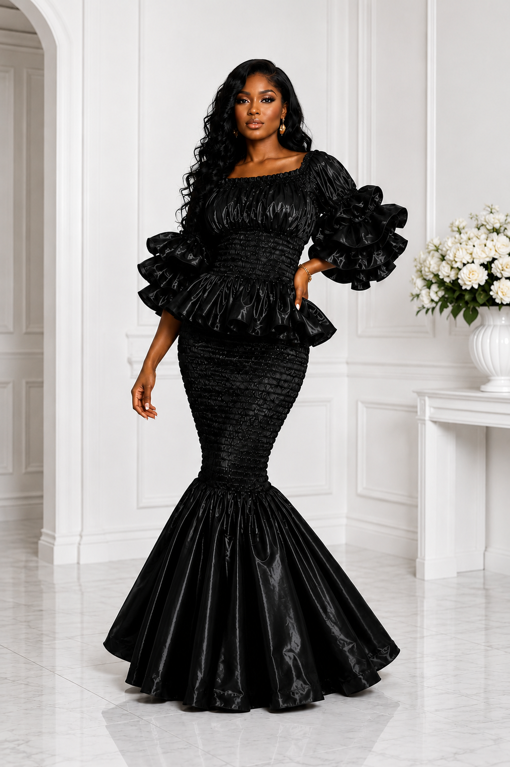 A Woman Wearing An Elastic Onyx Midnight Smocked Peplum Top & Ruffle Mermaid Maxi Skirt Set.