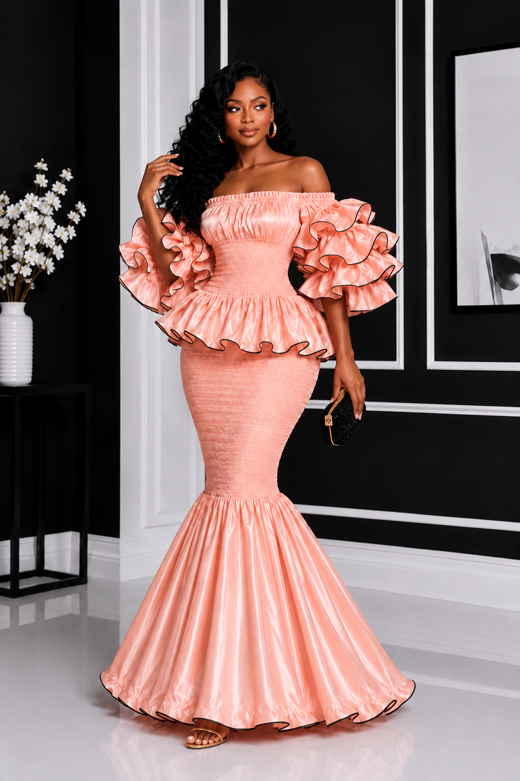 A Woman Wearing An Elastic Luminous Peach Rose Gold Smocked Peplum Top & Ruffle Mermaid Maxi Skirt Set.