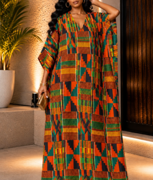 A Woman Wearing A Flory Kente Print Kaftan Dress, Earth Tone African Boubou Gown, Ghana Bubu Maxi Dress, Luxury Resort Wear And Loose Fit Summer Kimono.