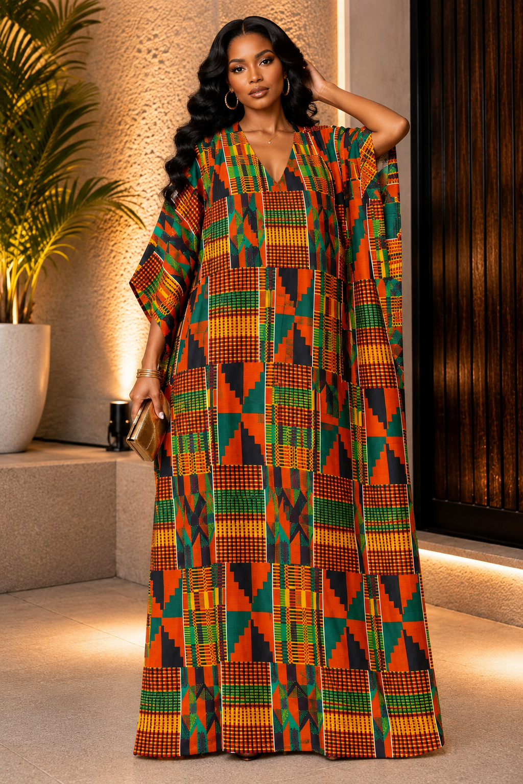 A Woman Wearing A Flory Kente Print Kaftan Dress, Earth Tone African Boubou Gown, Ghana Bubu Maxi Dress, Luxury Resort Wear And Loose Fit Summer Kimono.