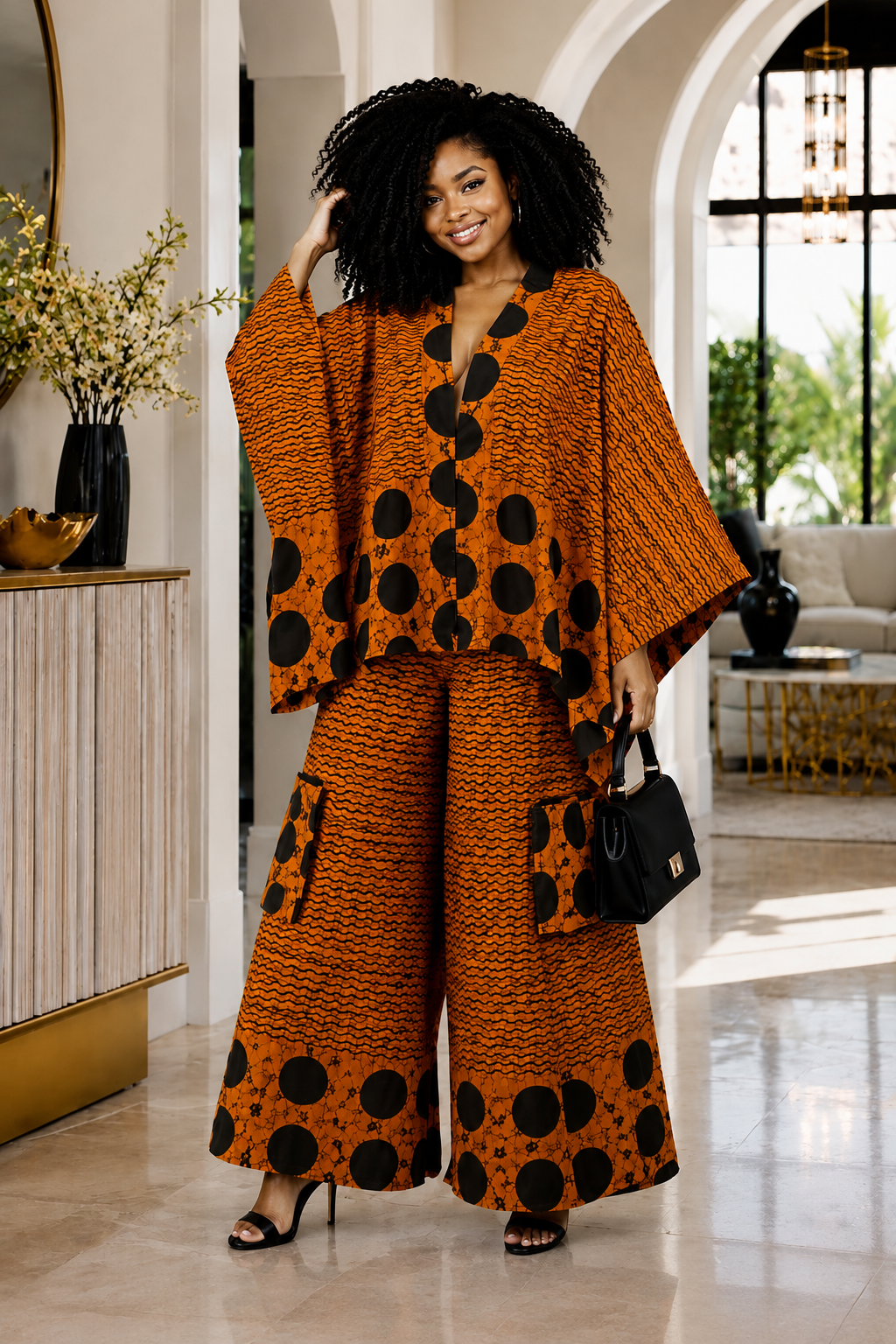 A Woman Wearing A Terracotta & Onyx Polka Dot Asymmetric Poncho And Wide-Leg Cargo Trousers Set.