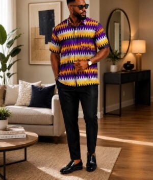 Man Wearing A Kente Inspired Ankara Shirt, Purple & Yellow African Print Button Up Short Sleeve And Modern Afrocentric Men Summer Vacation Top.