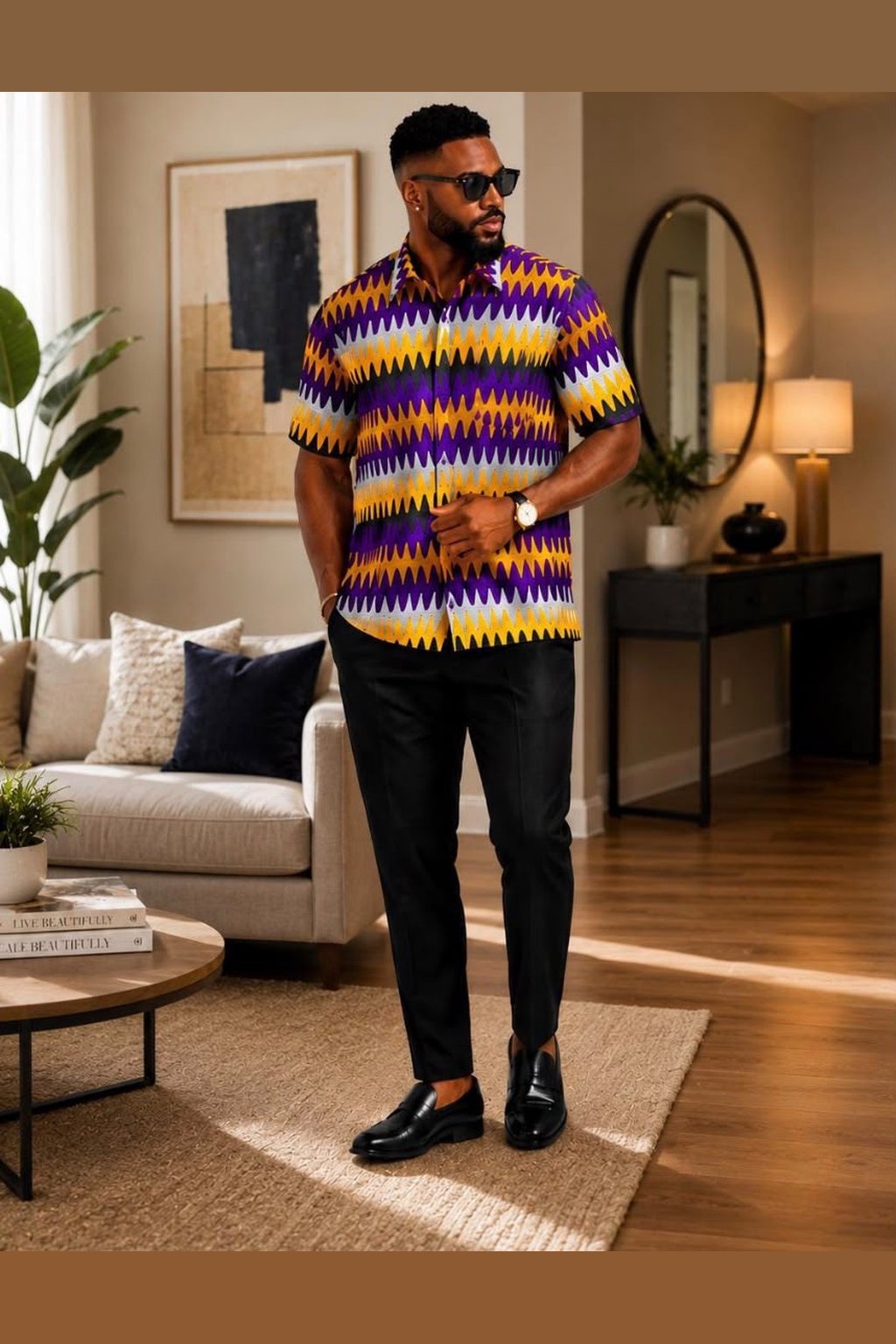 Man Wearing A Kente Inspired Ankara Shirt, Purple & Yellow African Print Button Up Short Sleeve And Modern Afrocentric Men Summer Vacation Top.