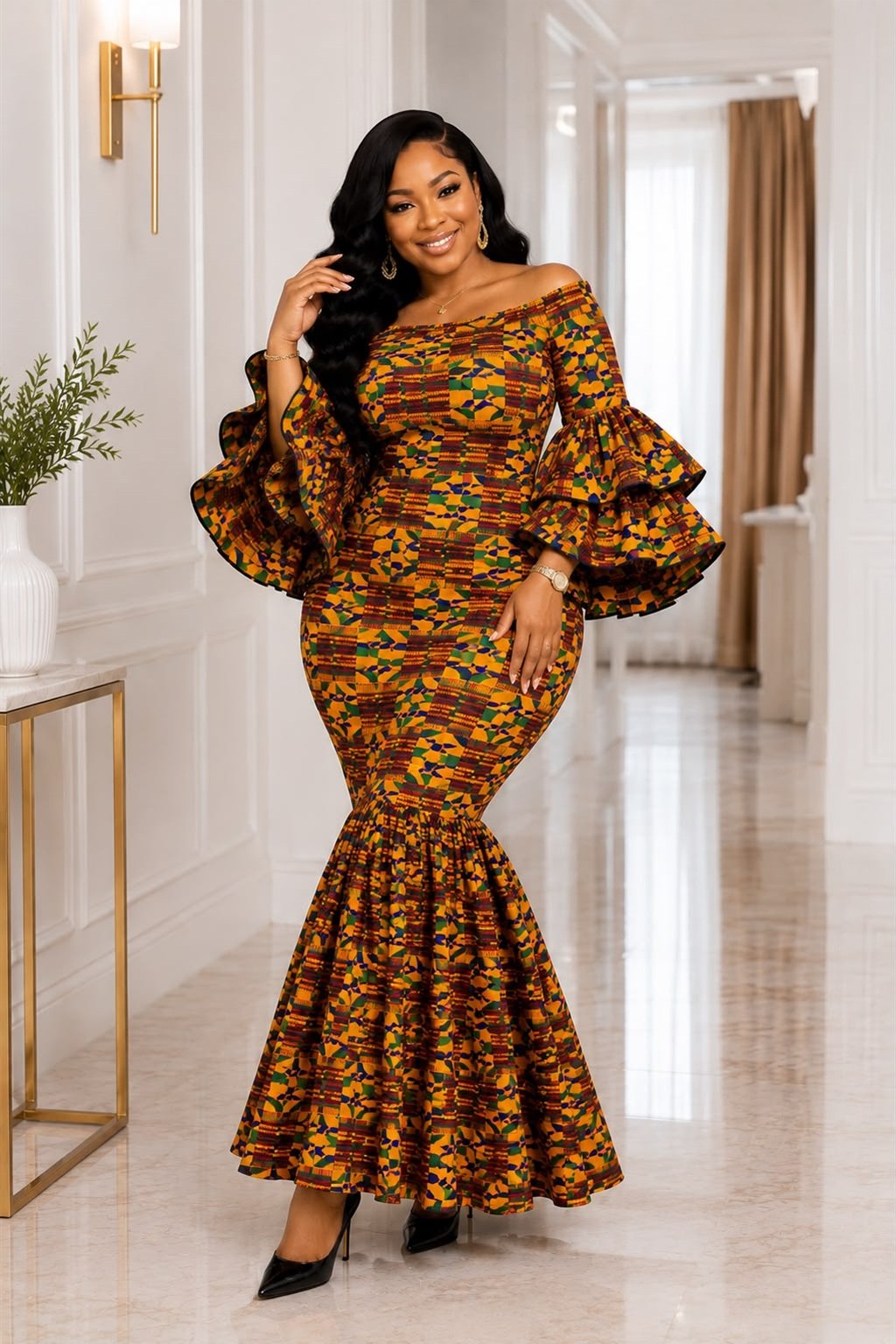 Woman Wearing A Luxury Ankara Mermaid Maxi Dress – Gold, Ochre & Emerald And Kente Off-Shoulder Gown with Ruffle Sleeves.